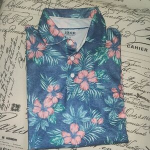 Izod Blue Polo with Pink Hibiscus & Green Leaf Print